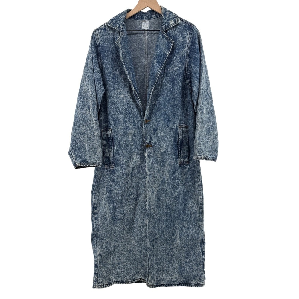 Vintage Acid Wash Denim Duster Coat Women M Long Jean‎ Jacket 80s Shoulder Pads